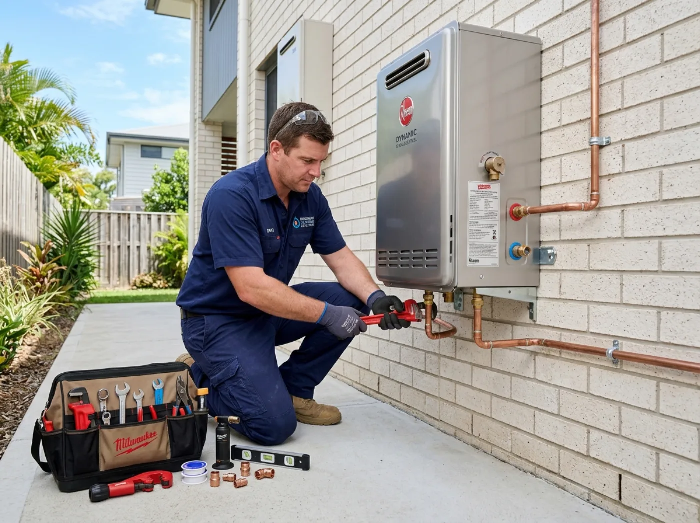 Brisbane plumber professionally installing a hot water system