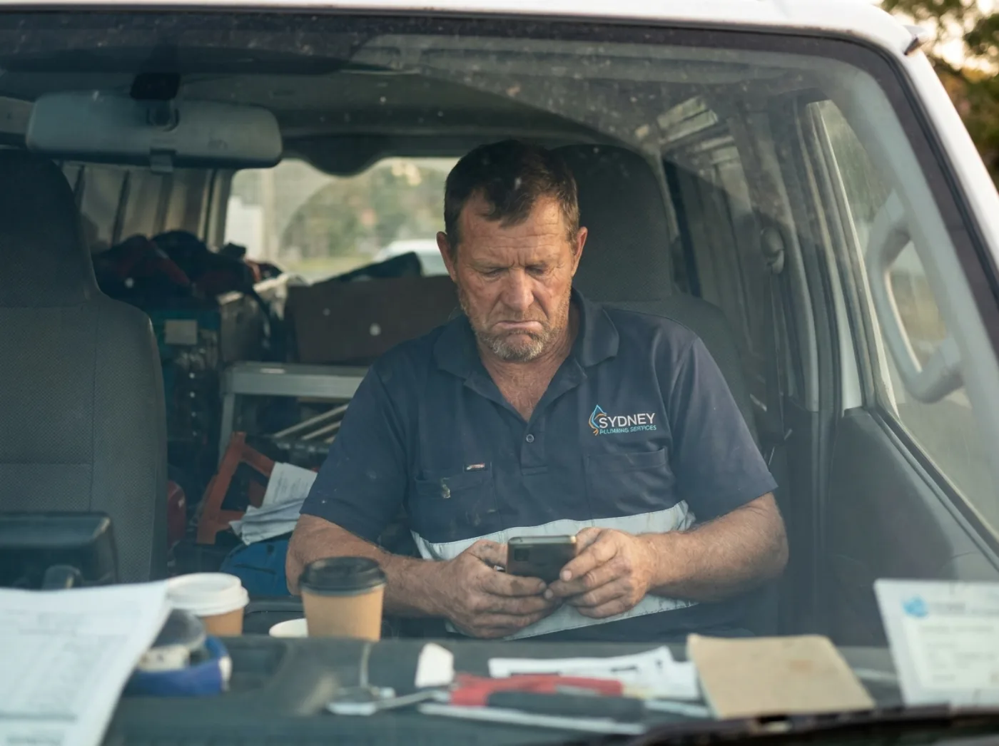 Plumber in his van looking at a silent phone with no job enquiries