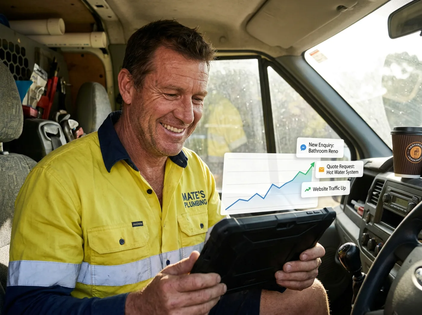 Plumber smiling at a tablet showing rising business enquiries in his work van