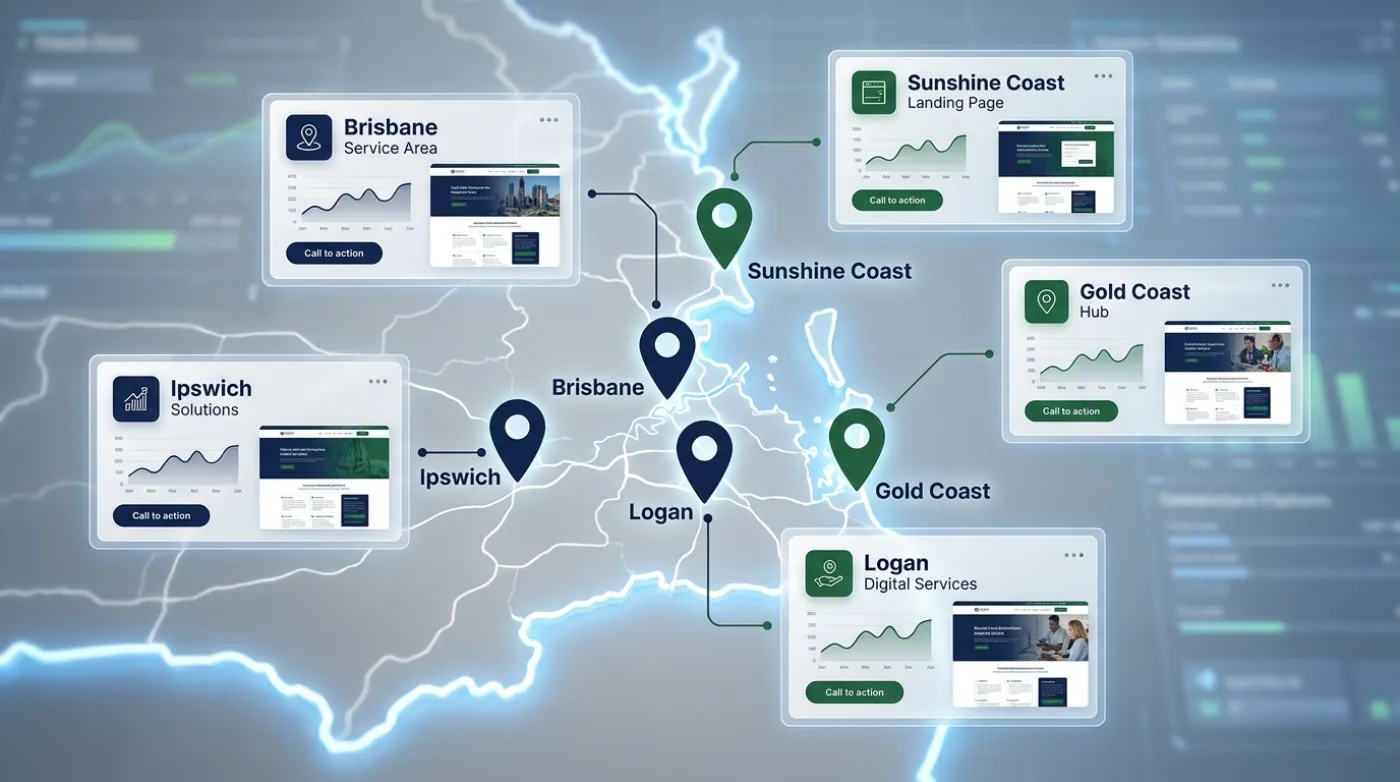 Service-area landing pages mapped across South-East Queensland suburbs