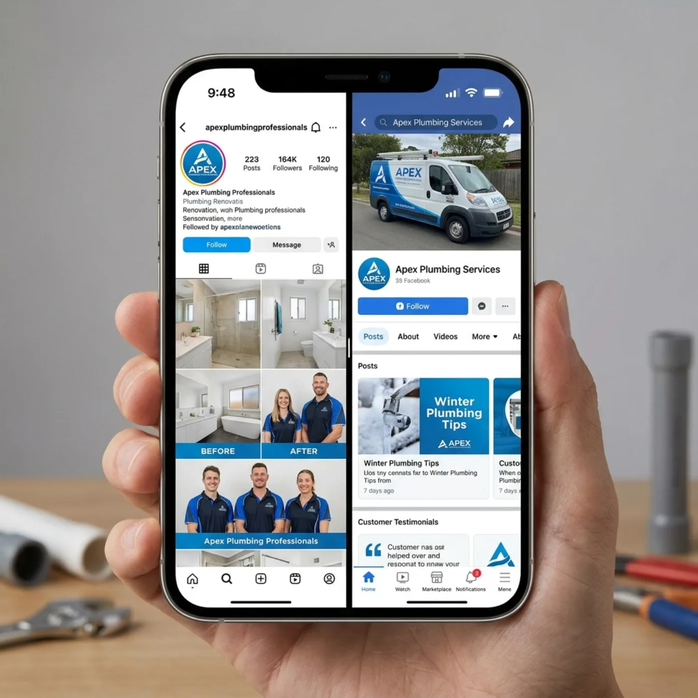 Professional plumbing business social media profile on a phone