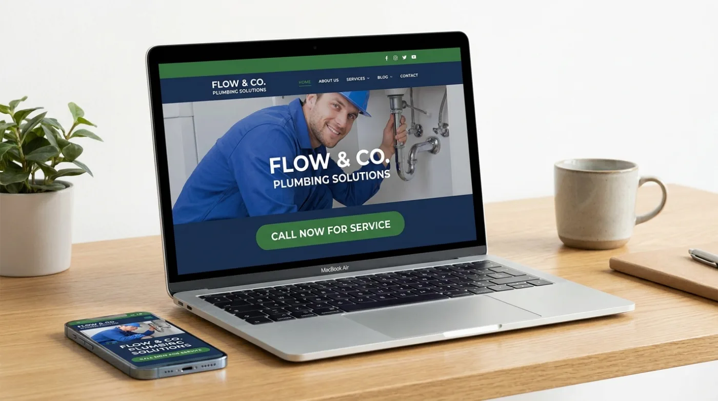 Modern plumbing website shown on a laptop and phone with a clear call button
