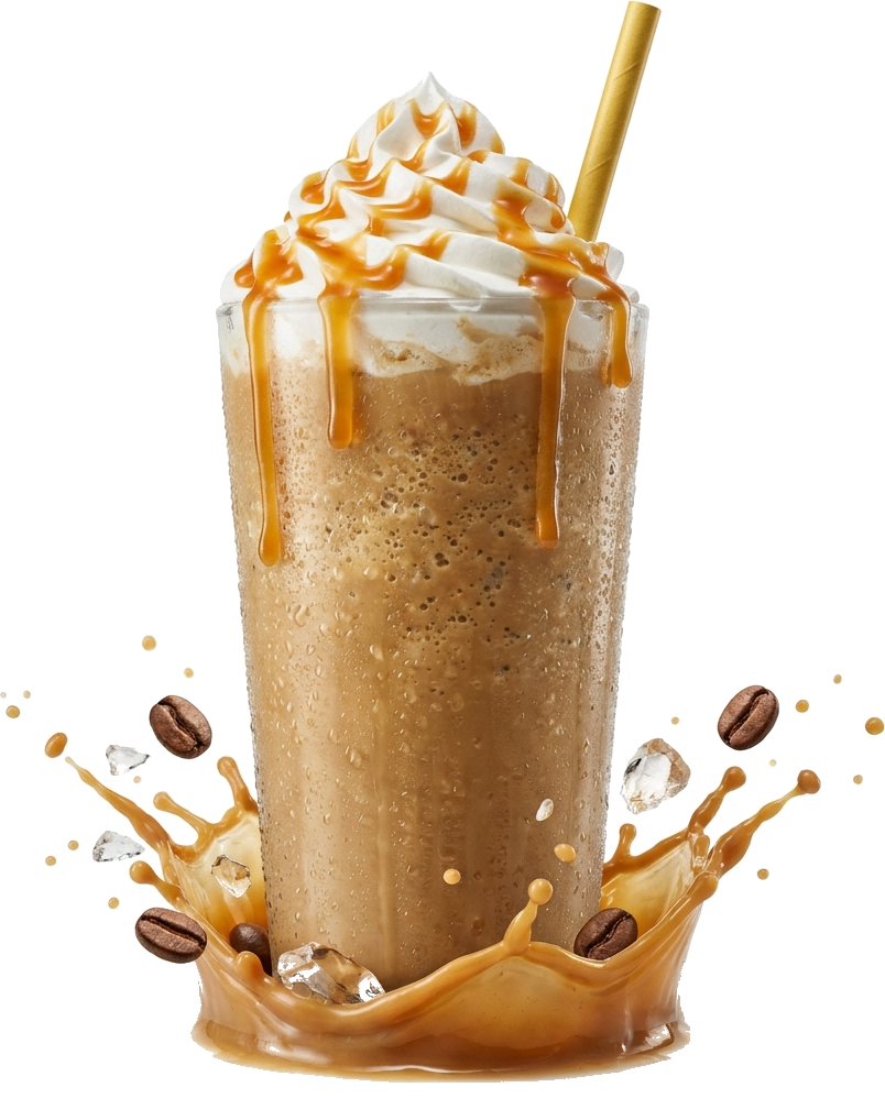 A tall glass of iced caramel coffee with whipped cream, caramel drizzle and flying coffee beans