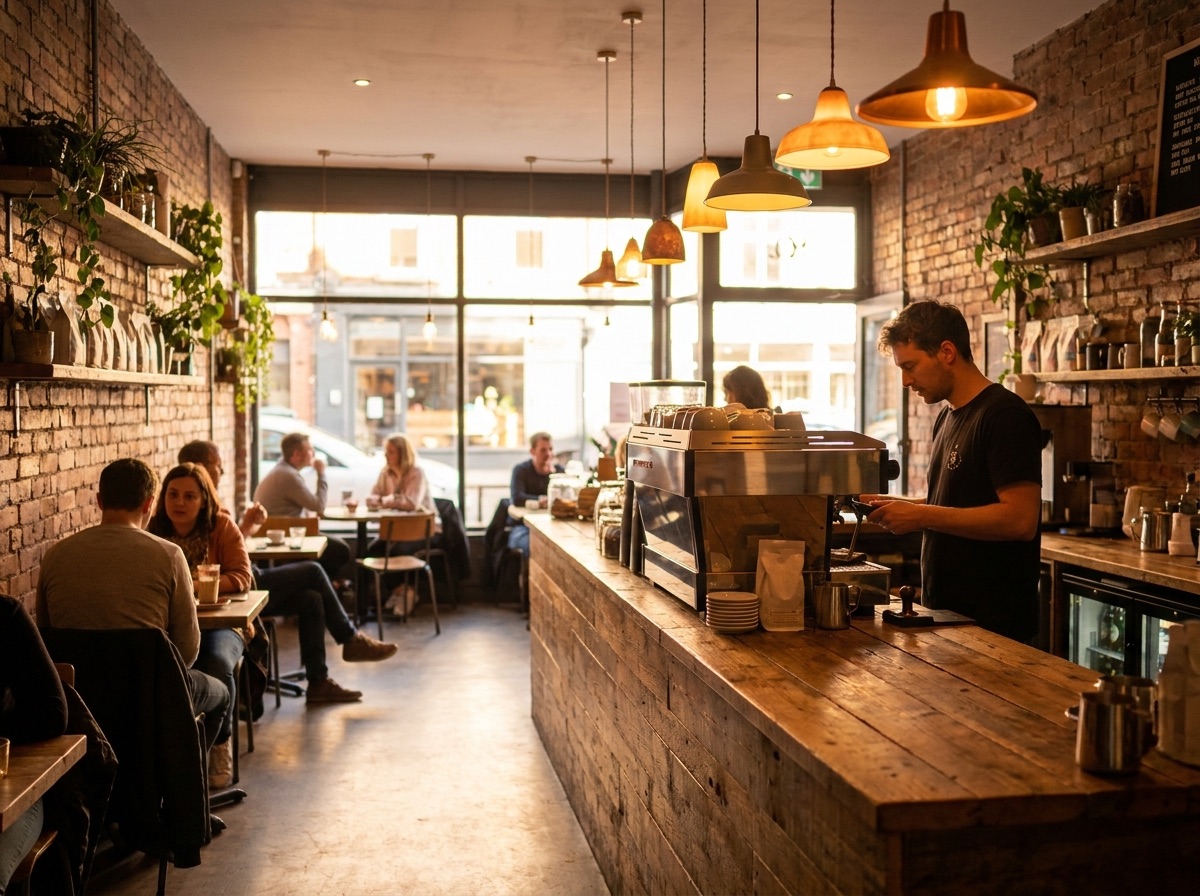 The warm interior of the Brewing Coffee cafe