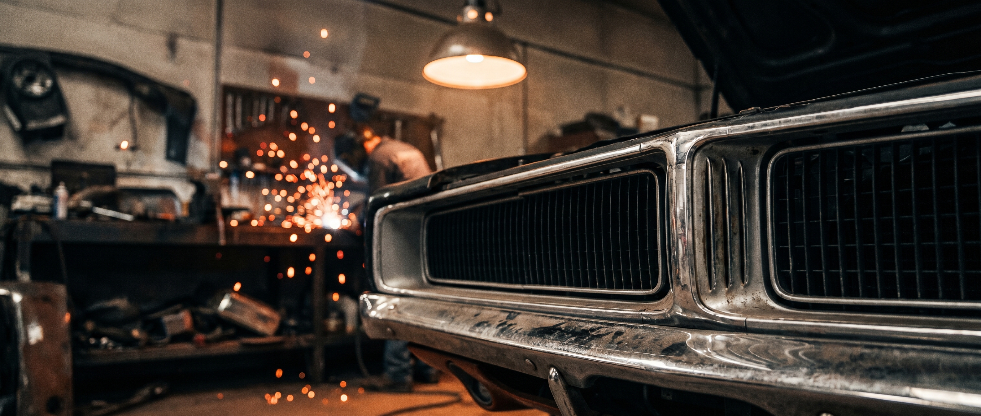 Classic American muscle car chrome grille under workshop light