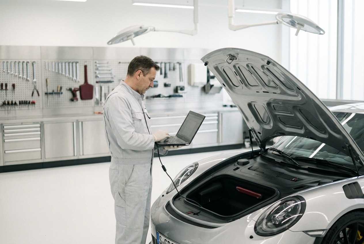 EuroGRG technician performing diagnostics on a luxury European engine bay