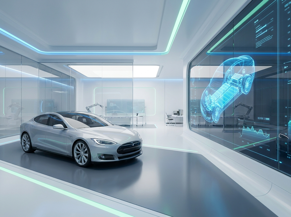An EV chassis wireframe on a diagnostic screen at The EV Tech Center