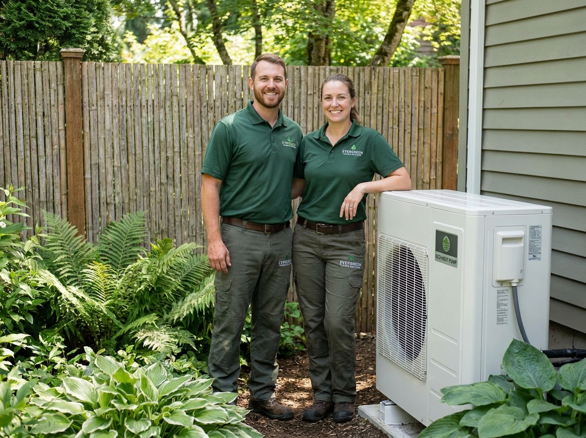 Evergreen technicians beside an electric heat pump