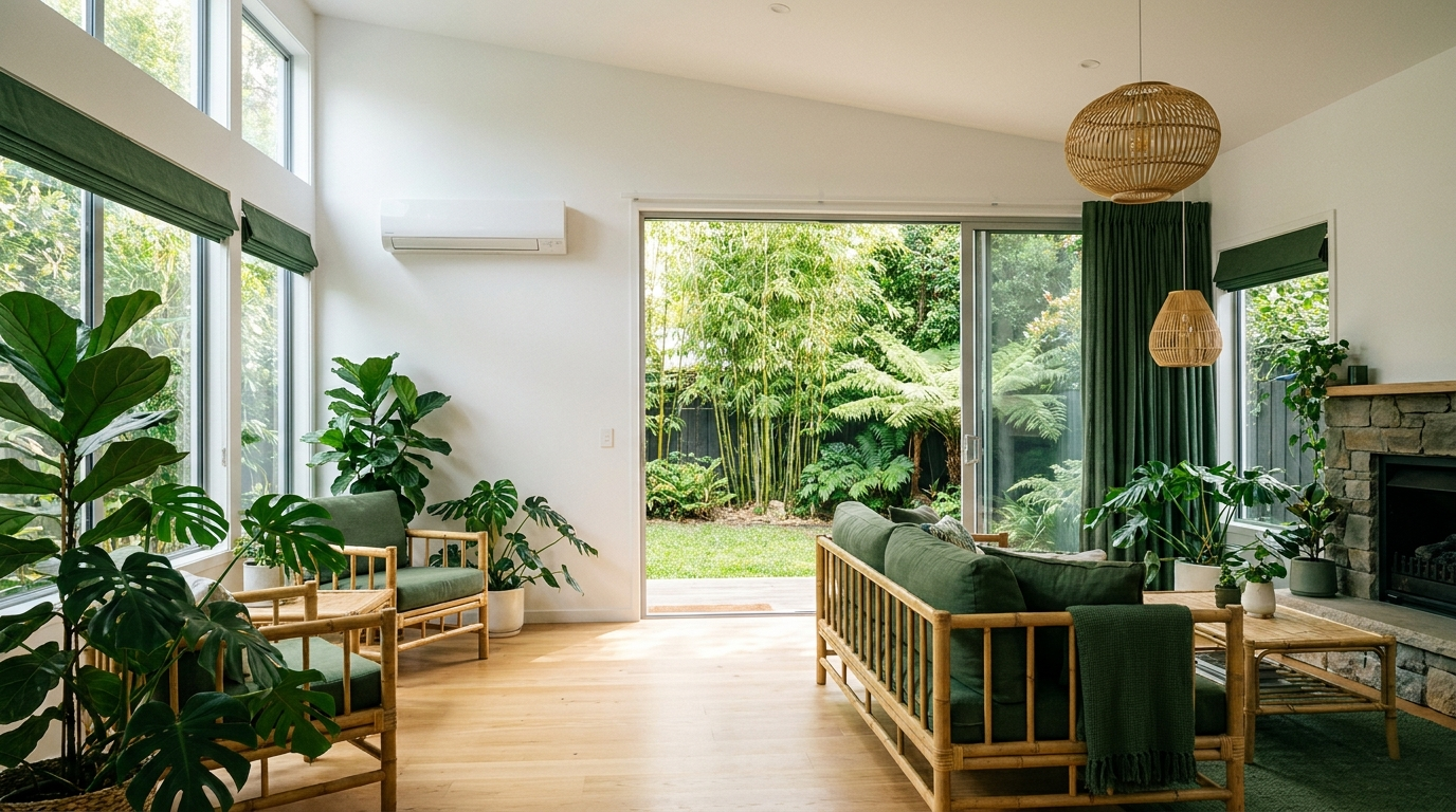 Eco-friendly living room with energy-efficient air conditioning and bamboo