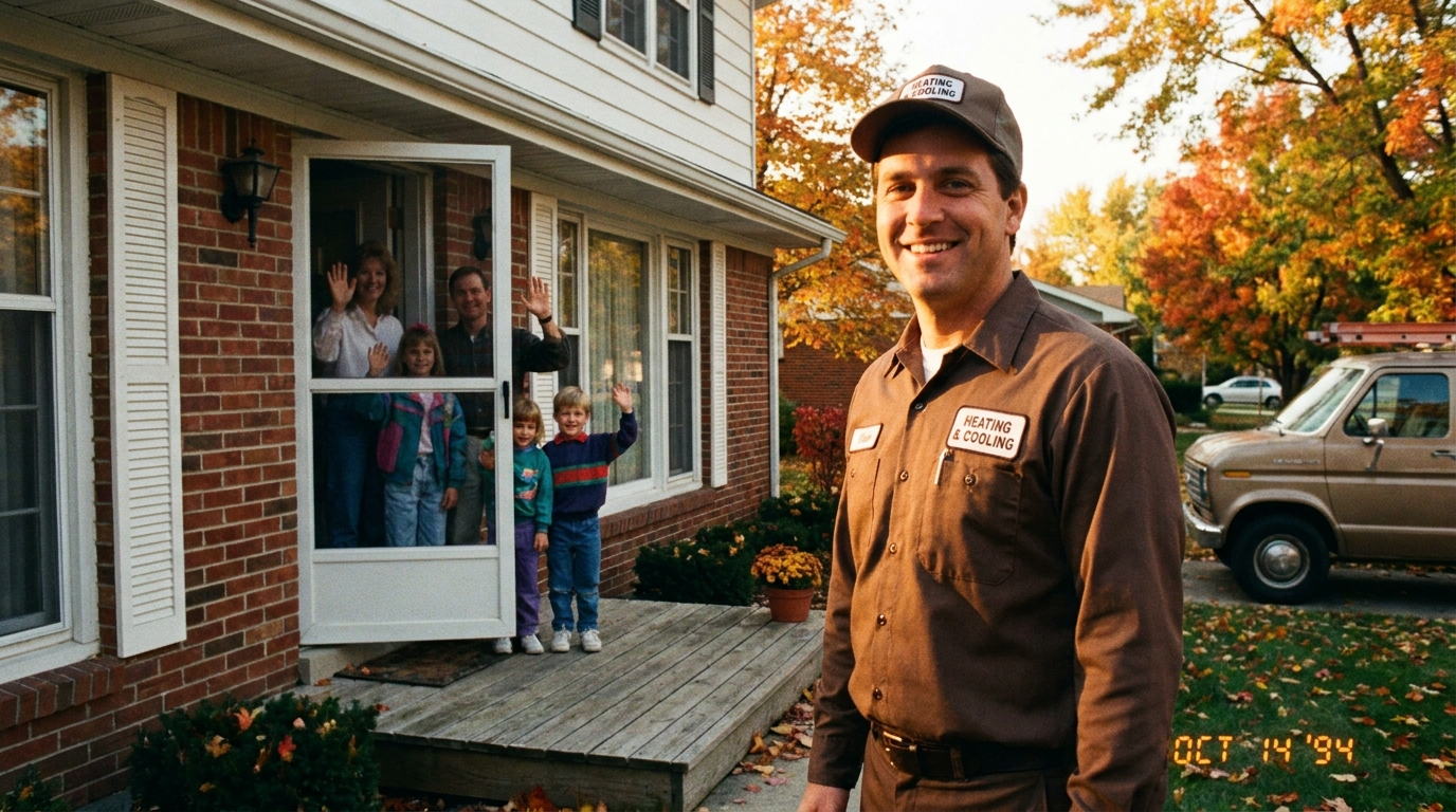 A friendly Hearth & Home technician greeting a family at their front door