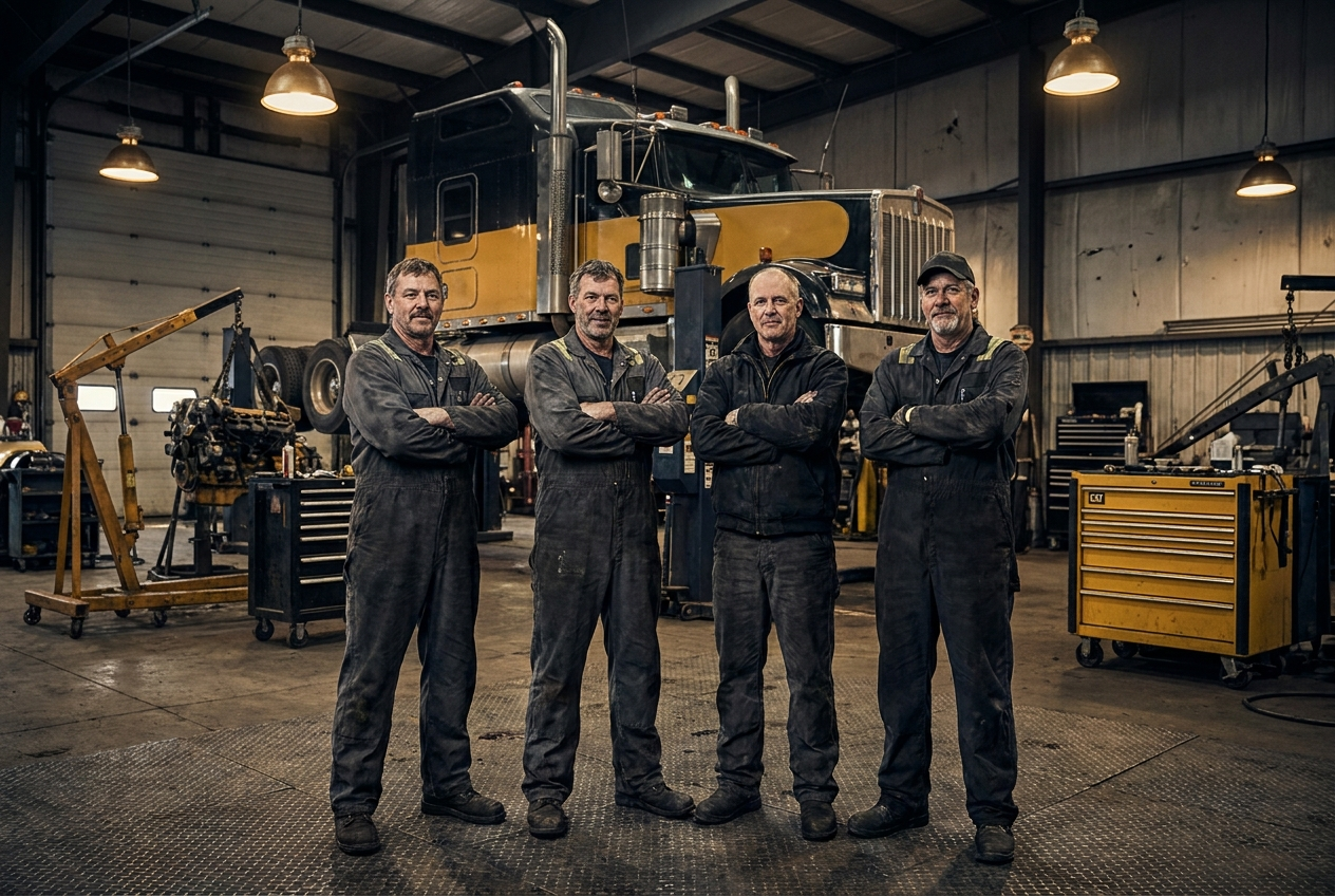 The heavy diesel workshop team in front of the truck bays