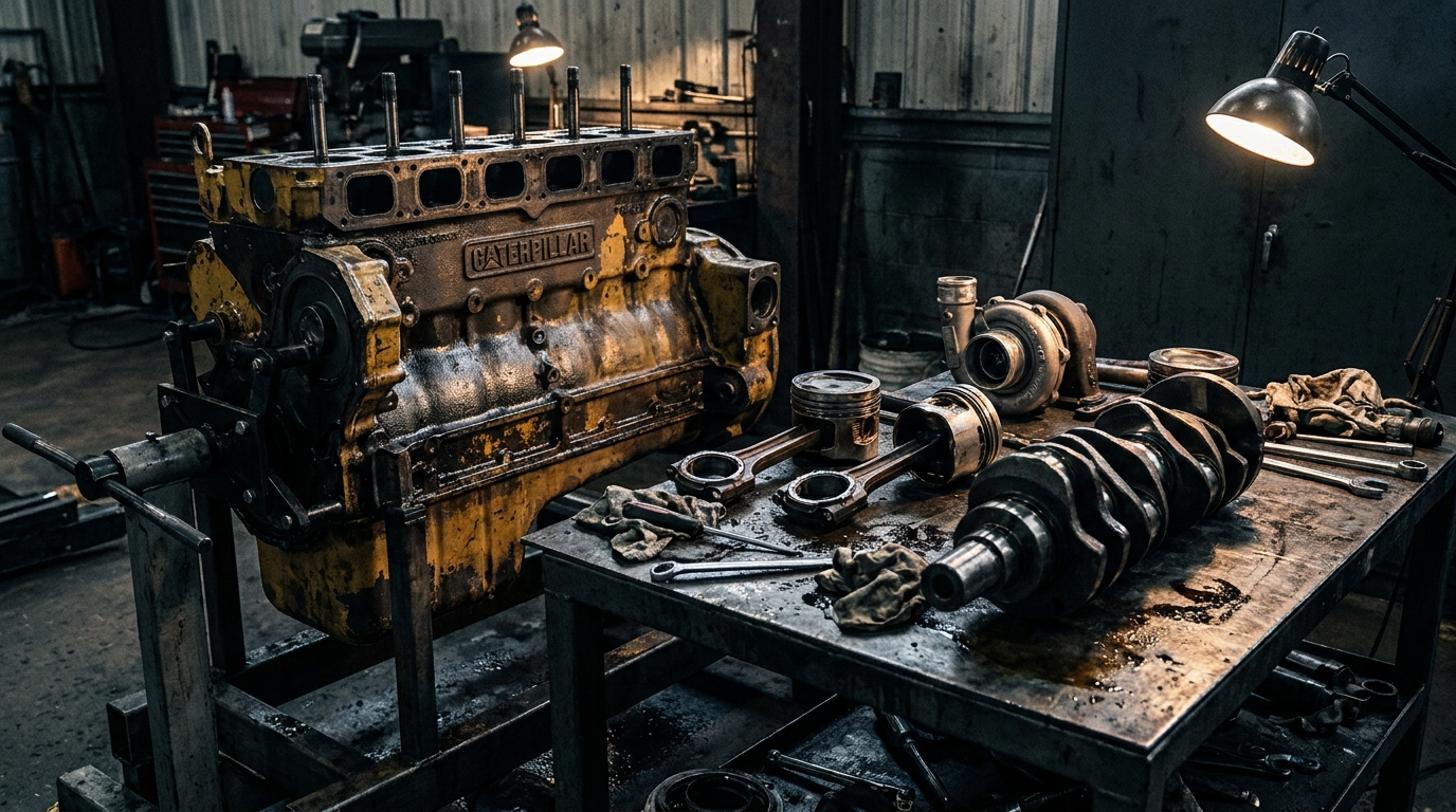 Diesel engine rebuild on a stand in the workshop