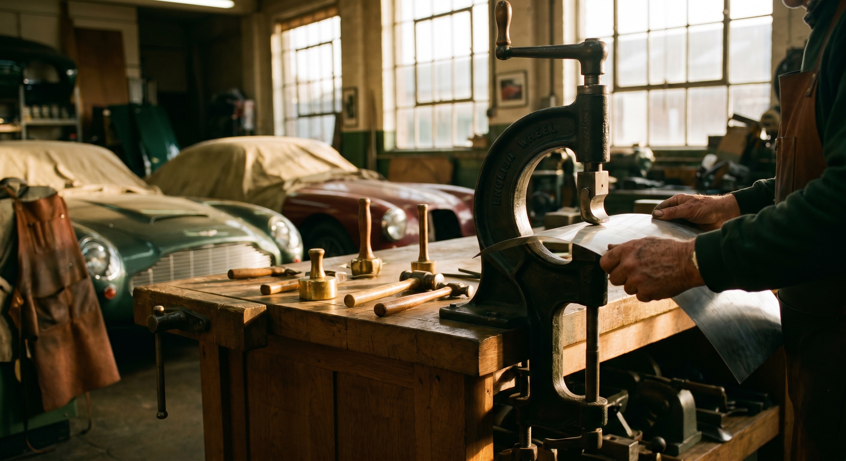 A craftsman shaping a body panel by hand