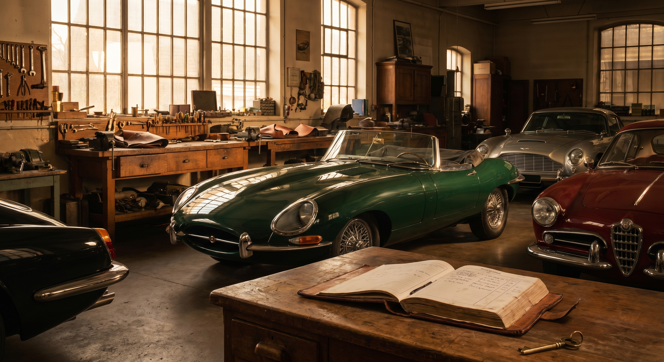 A classic car awaiting work in the bay