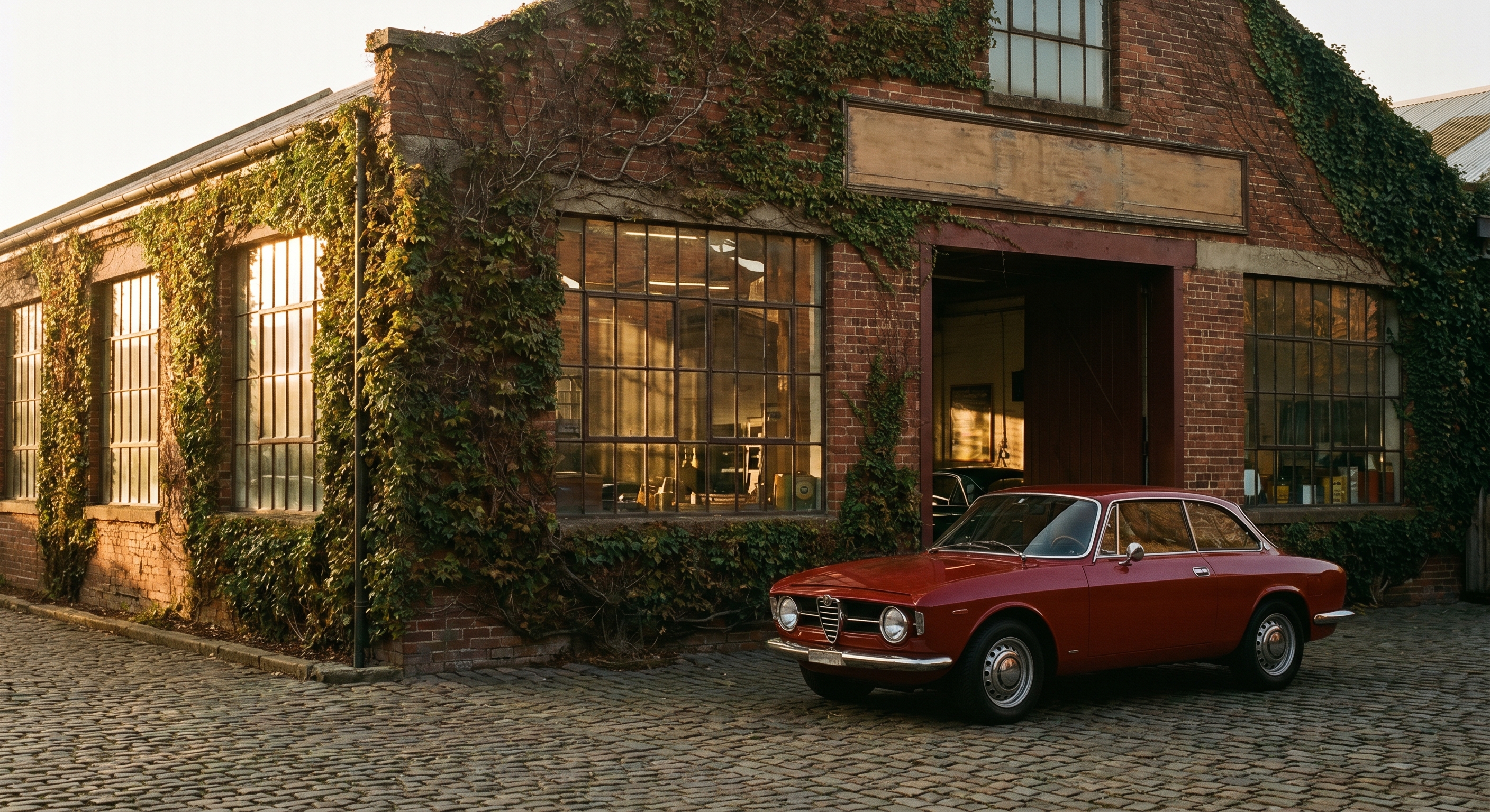The workshop exterior at golden hour