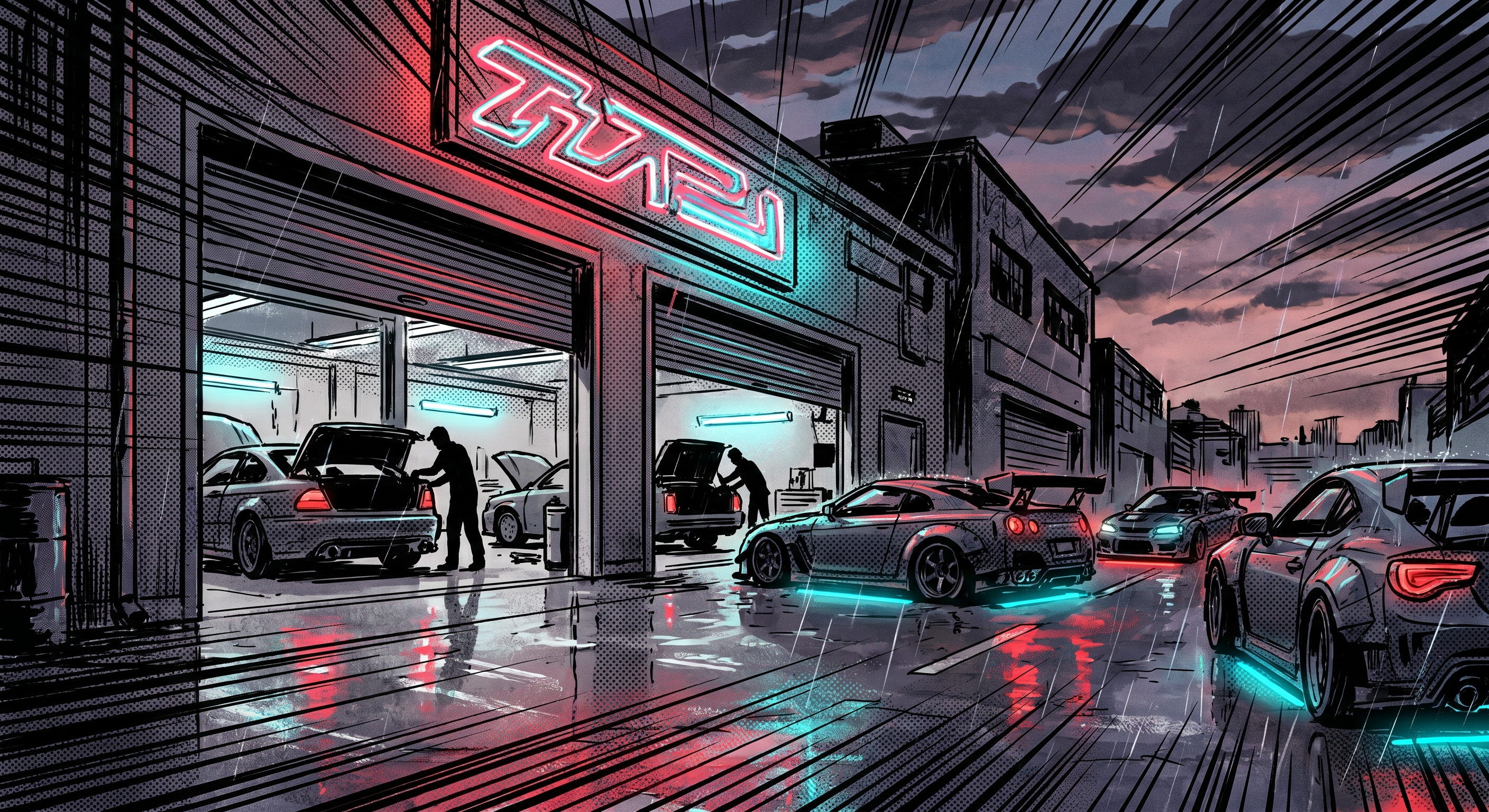 JD Garage workshop exterior at dusk
