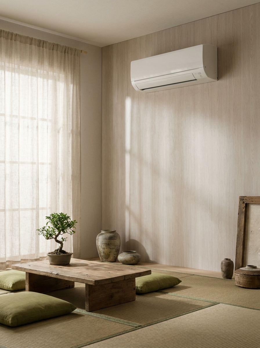 A serene minimalist room with a Nagomi ductless mini split