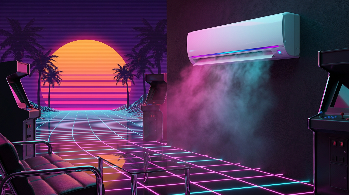 Synthwave split-system air conditioner glowing in neon