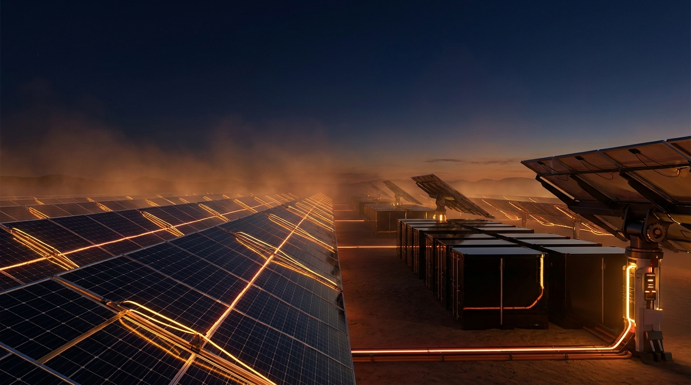 NexusCore solar array and battery storage at dusk with amber energy lines