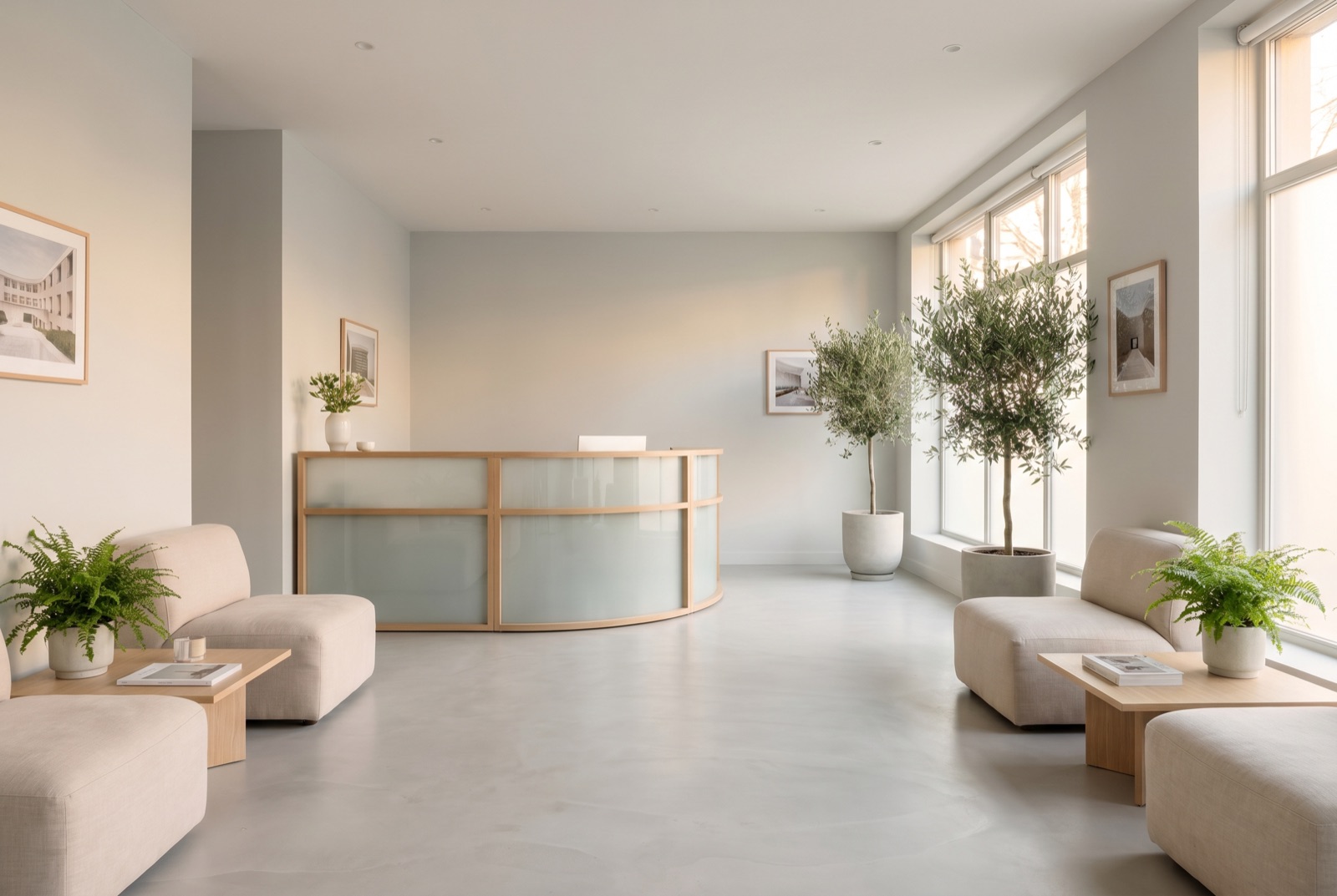 The calm, light-filled reception at Pristine Dental