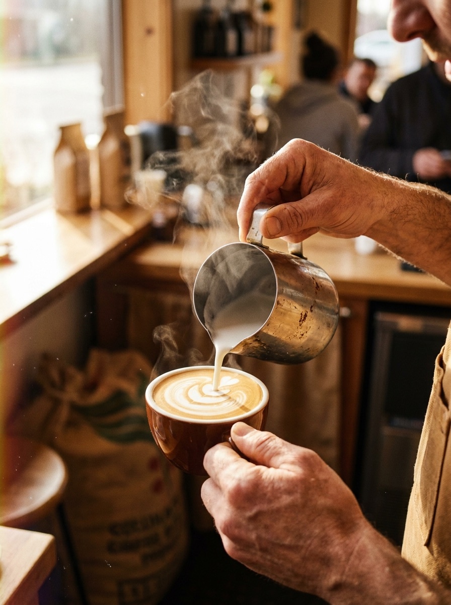 Barista pouring latte art at Springfield Cafe