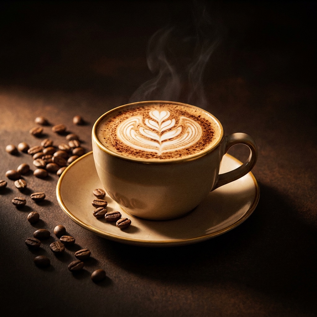 Classic cappuccino dusted with dark cocoa in a white cup