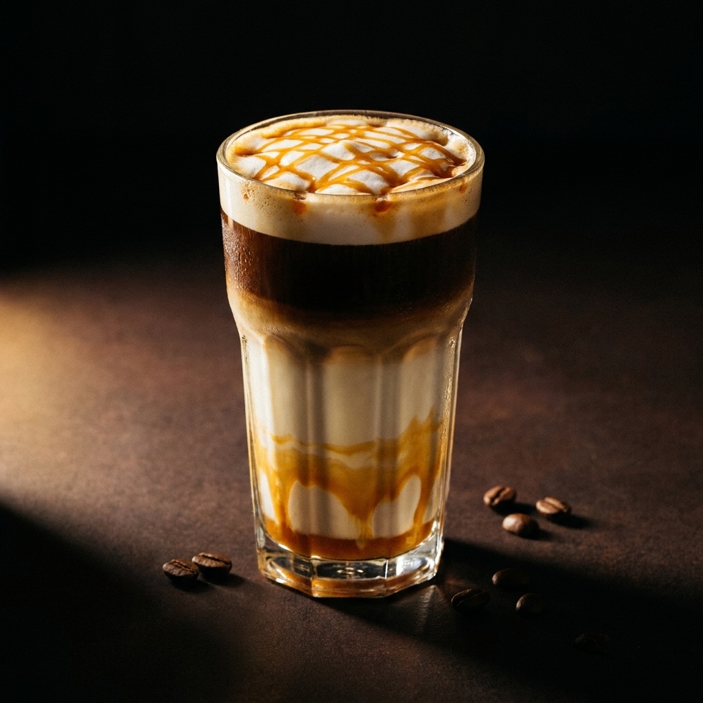 Caramel macchiato with layered espresso and caramel drizzle