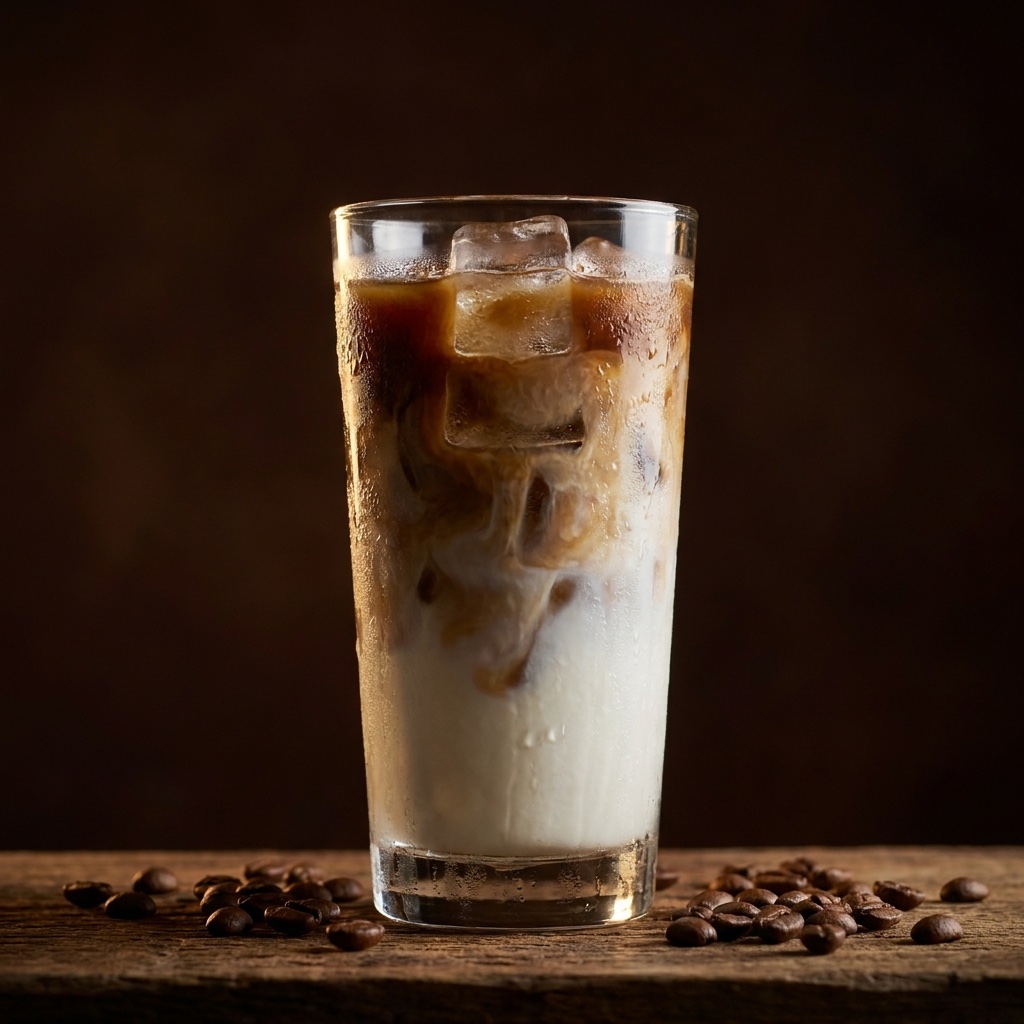 Tall glass of iced latte with layered milk and espresso