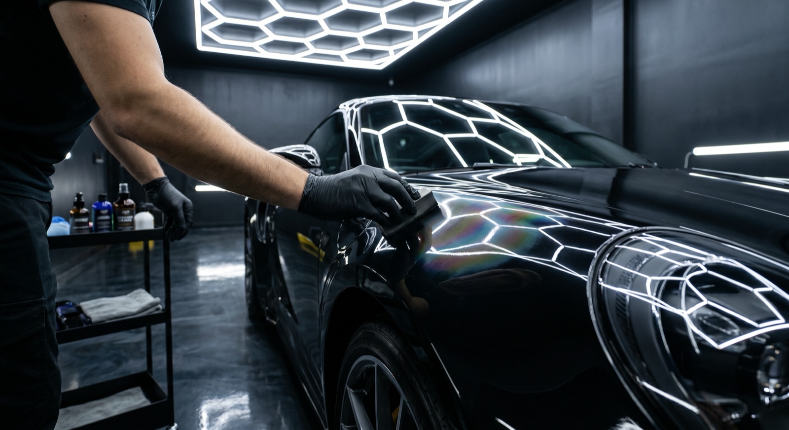 A master detailer applying ceramic coating in the studio