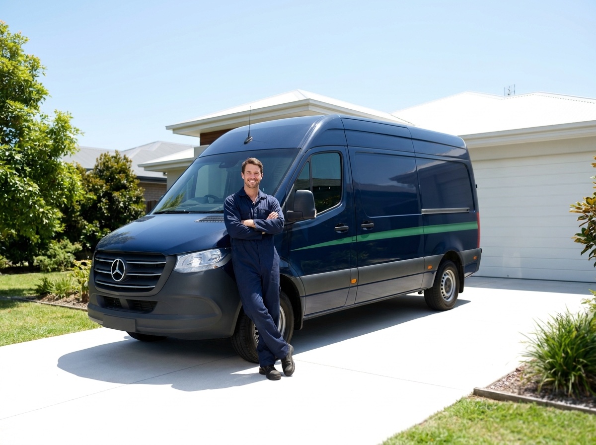 Smiling Fleet Concierge mobile mechanic in front of a branded service van