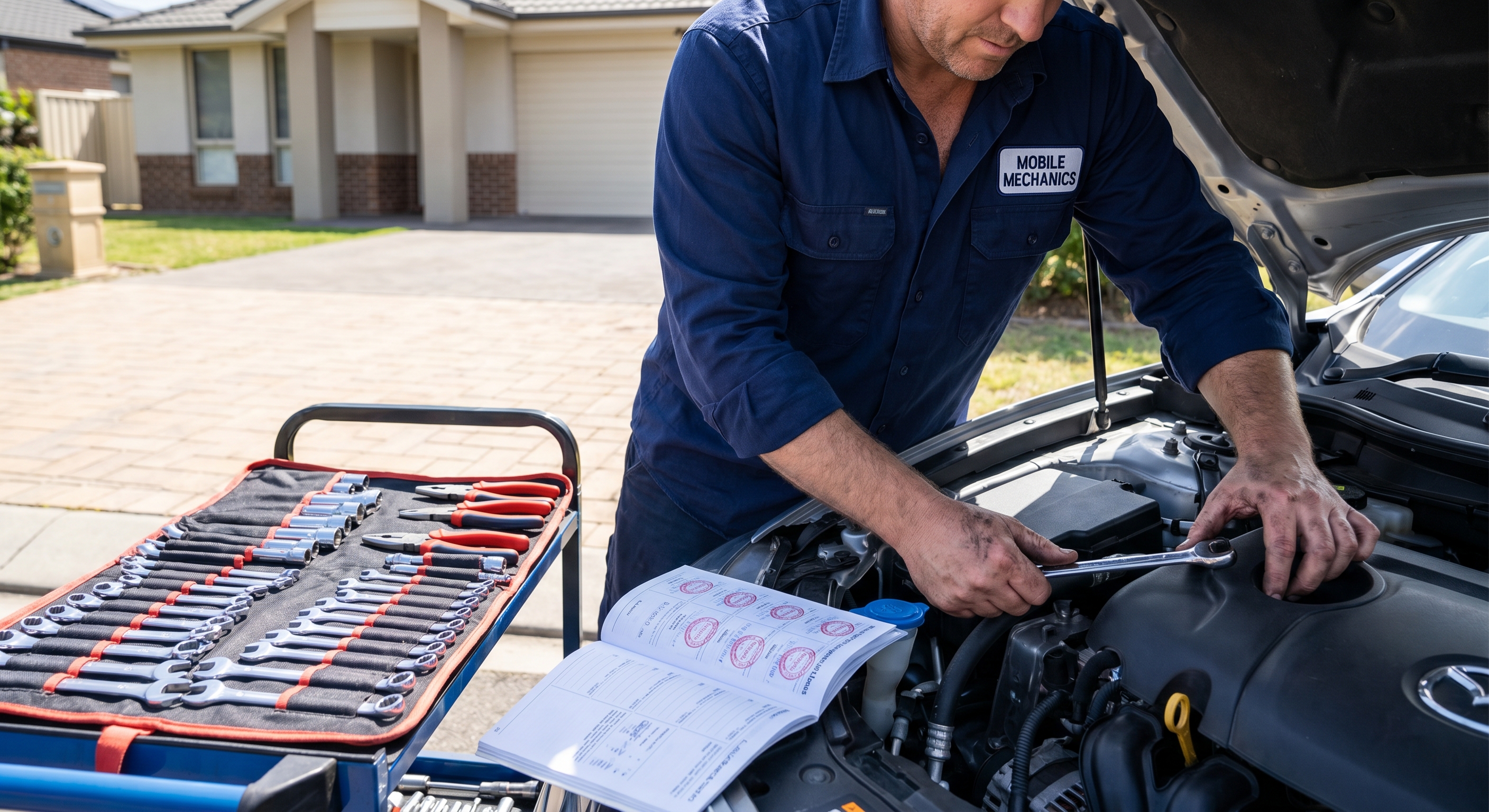 Fleet Concierge technician servicing a car in a driveway