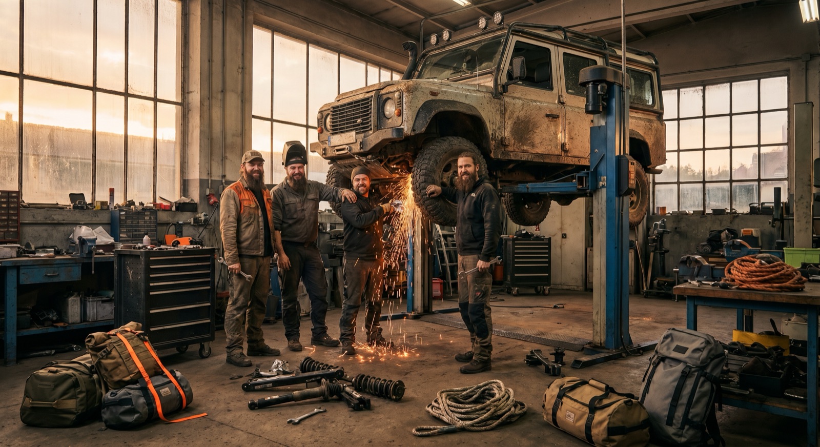 The Overlander crew building a 4x4 in the workshop