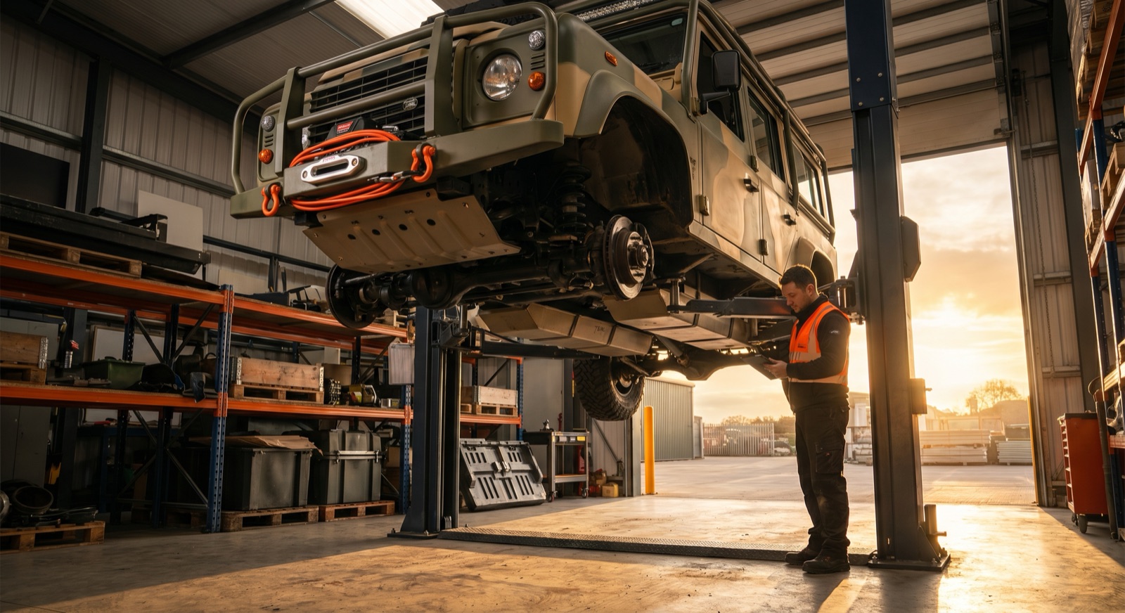 A built 4x4 raised on the workshop hoist