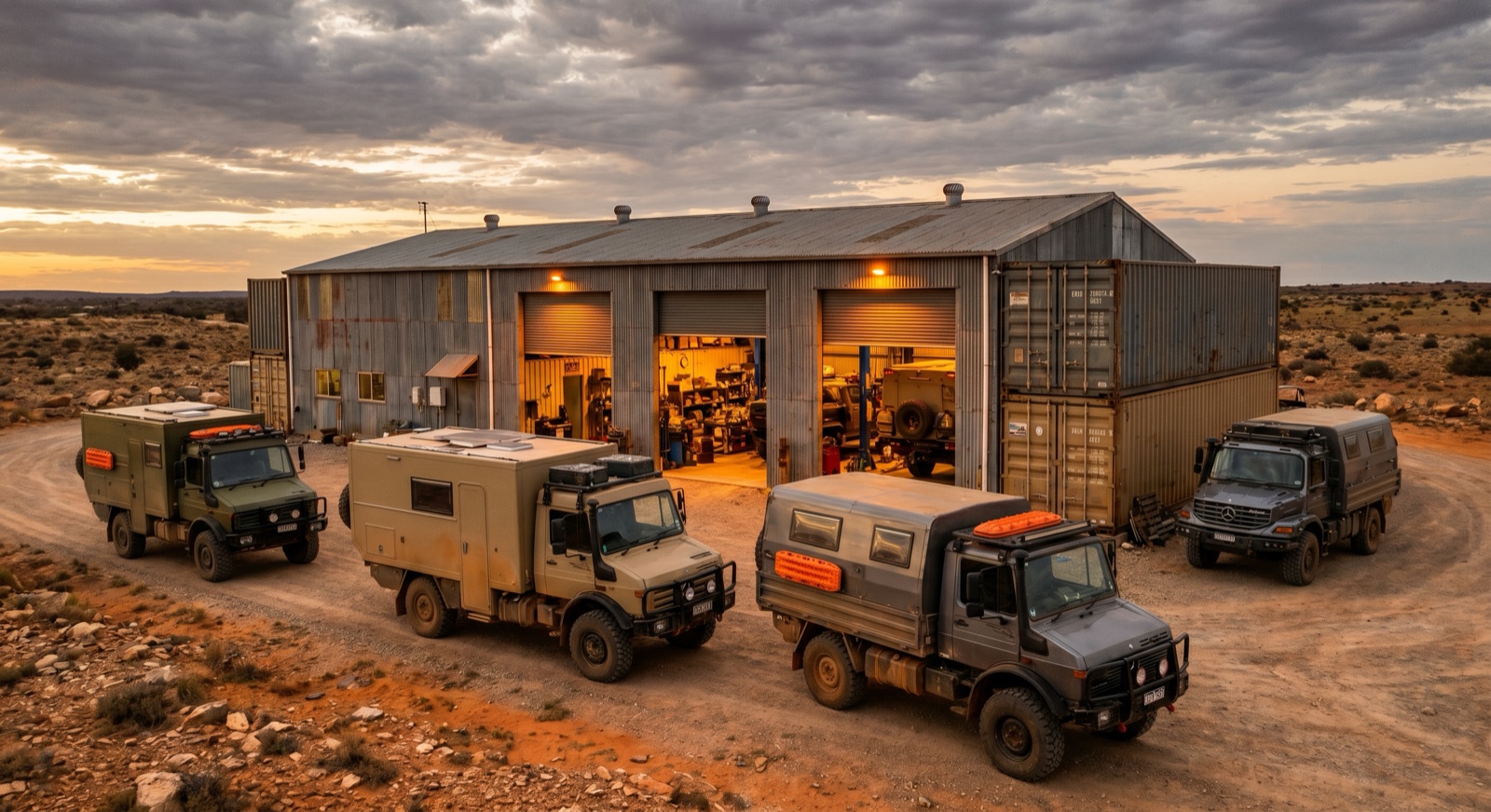 The Overlander workshop exterior at dusk