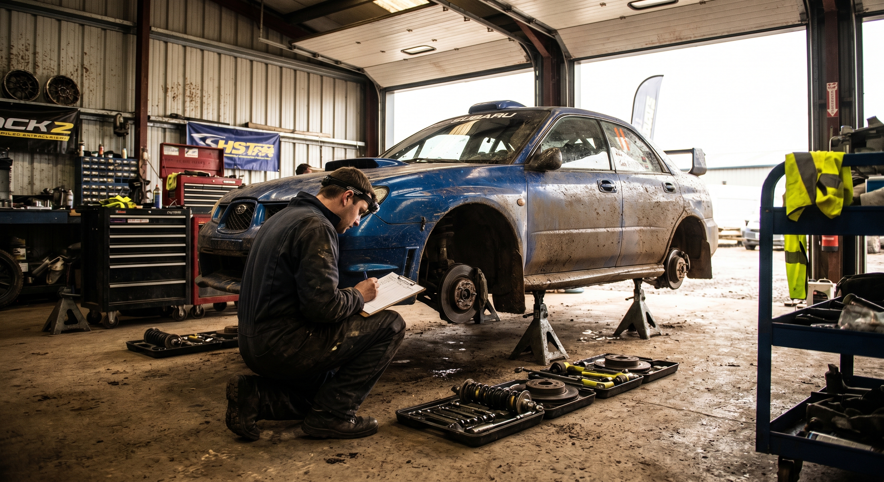 Rally car on workshop stands