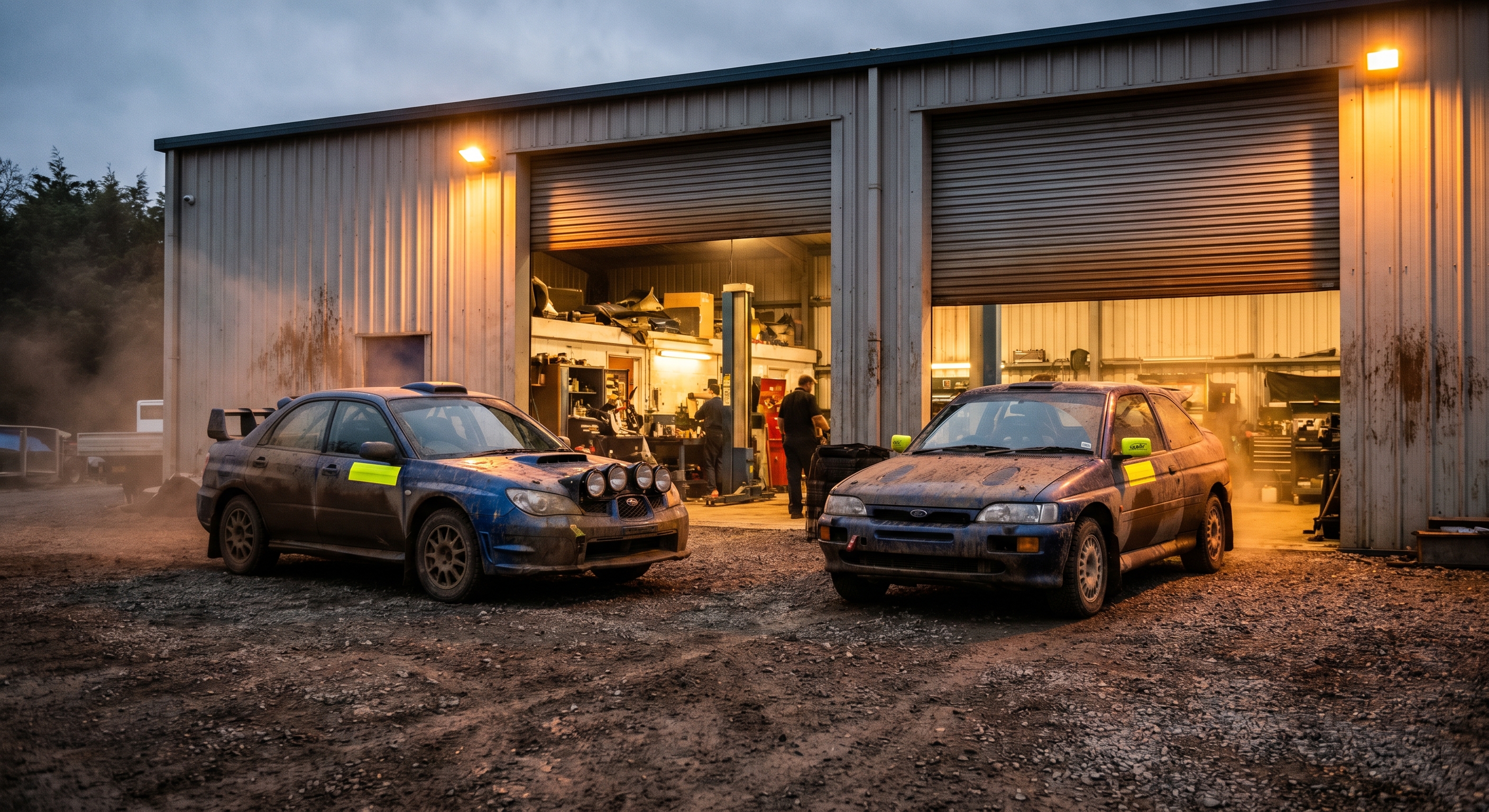 Workshop exterior at dusk
