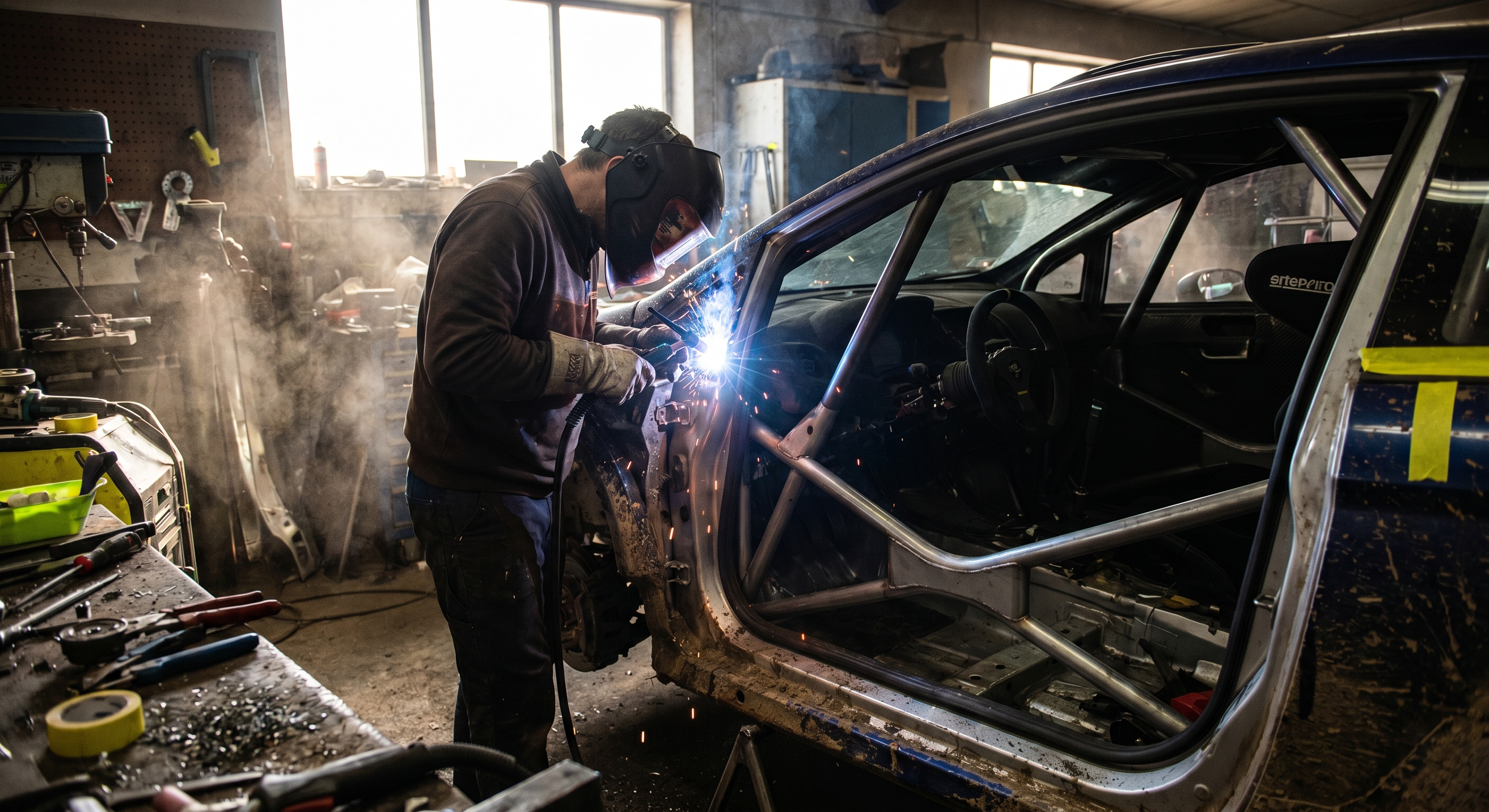 Roll cage being welded in the workshop