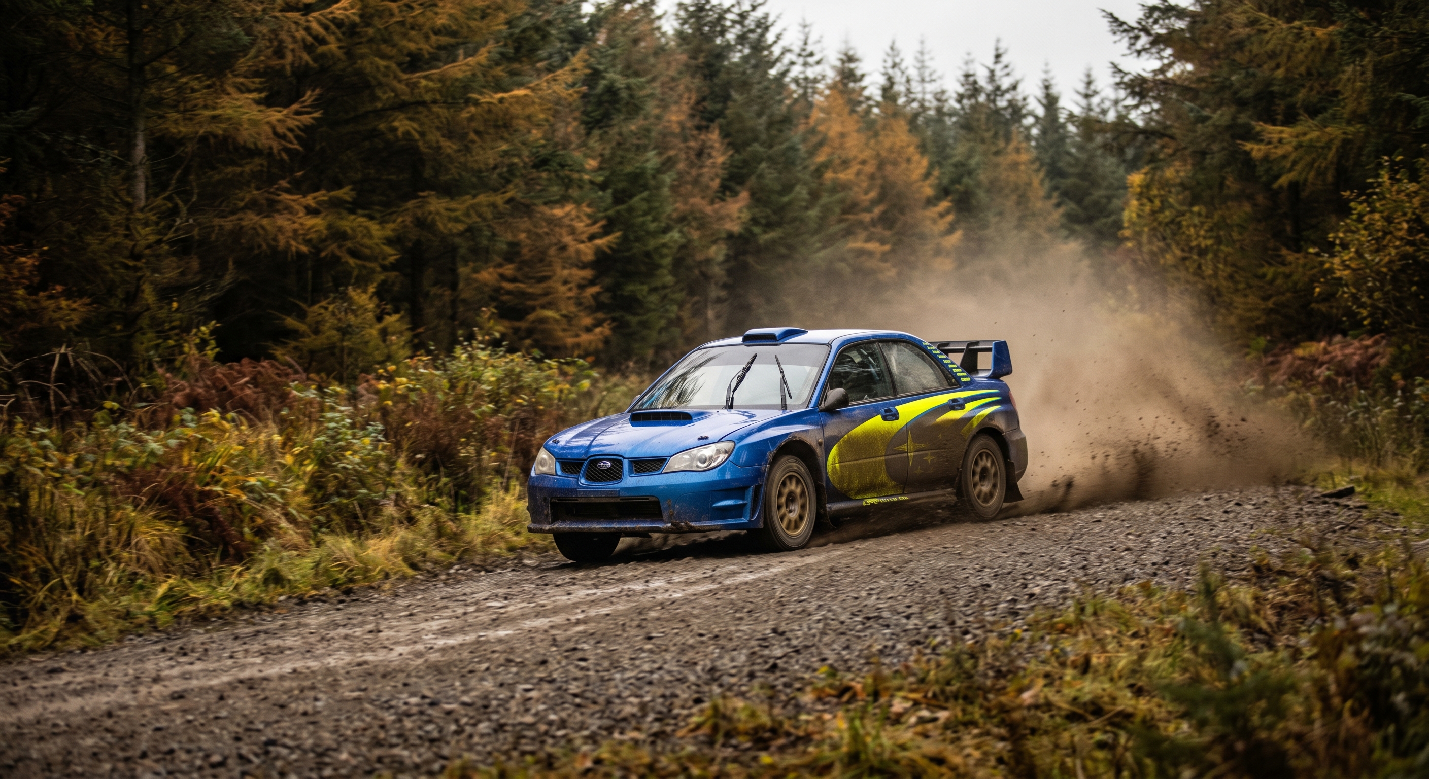 Rally car sliding through a forest gravel stage
