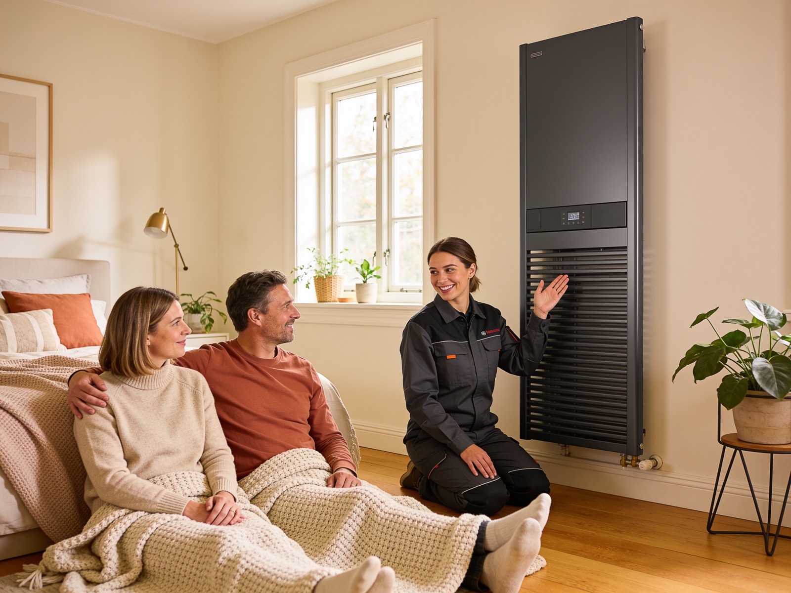 A friendly Varma technician chatting with a family at home