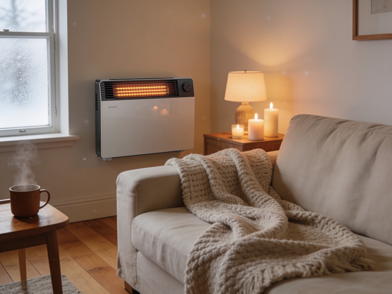 A warm, inviting Scandinavian living room in winter