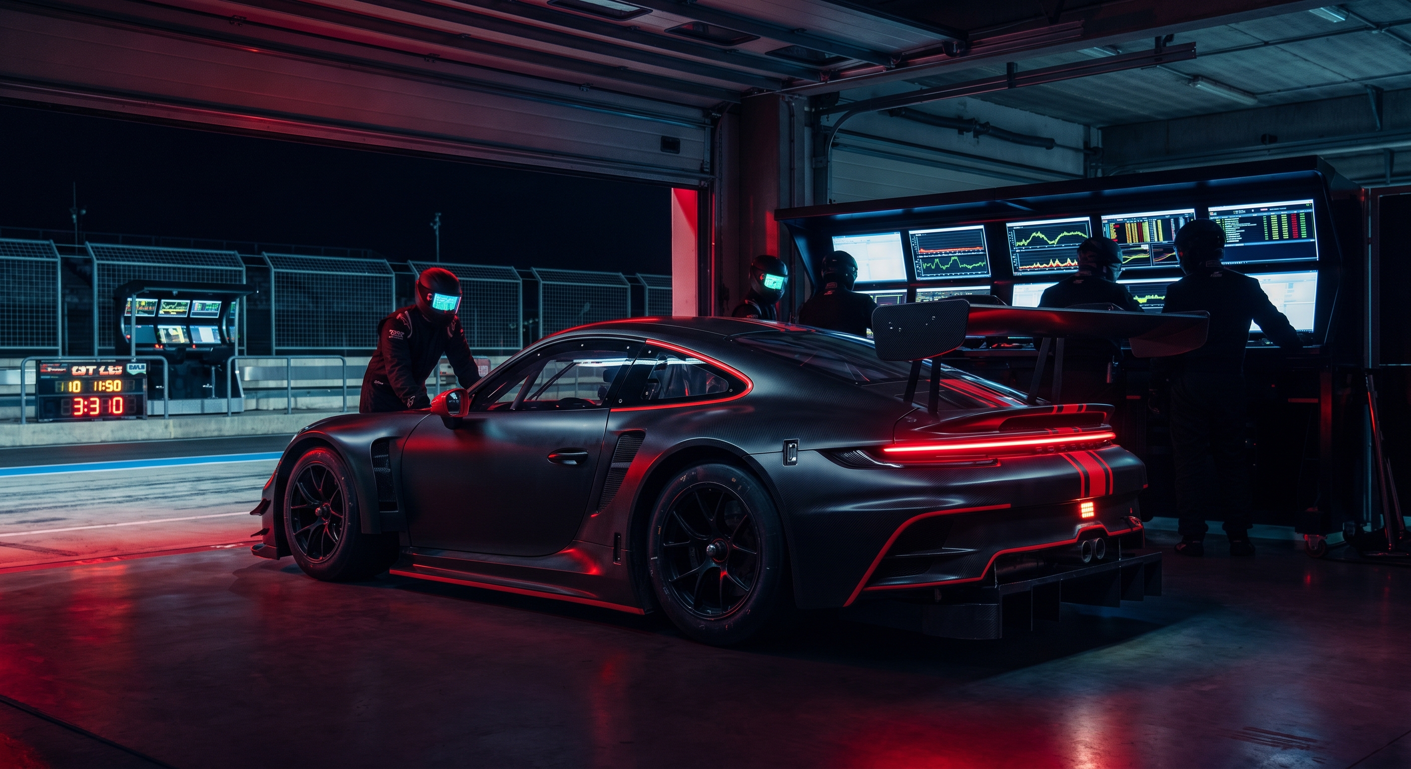 Track-prepped performance car in the XTC Motorsport pit garage